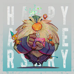  1:1 bard_(lol) birthday_cake cake clothed clothing daria_arbuz dessert digital_media_(artwork) english_text food group hair hat headgear headwear hi_res humanoid league_of_legends not_furry party_hat riot_games size_difference standing tencent text 