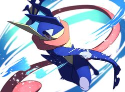  blurry bright_pupils greninja highres morio_(poke_orio) motion_blur pink_eyes pokemon pokemon_(creature) solo toes tongue tongue_scarf white_background white_pupils 