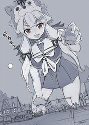  animal_hands animal_hood car female giant giantess hair_flaps hair_ornament hairclip halloween halloween_costume highres hood kantai_collection long_hair monochrome motor_vehicle neckerchief oerba_yun_fang open_mouth pleated_skirt red_eyes school_uniform seo_tatsuya serafuku skirt smile solo_focus tail twitter_username wolf_hood wolf_paws wolf_tail yuudachi_(halloween_mode)_(kancolle) yuudachi_(kancolle) yuudachi_kai_ni_(kancolle) 