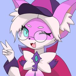  1:1 anthro astromon blue_background blue_eyes canid canine clothing detective_hat eyewear fangs female fox fur gesture glasses hair hand_gesture inner_ear_fluff mammal monster_super_league multicolored_body multicolored_fur one_eye_closed open_mouth pink_body pink_fur saeko_art sherlock_holmes_(monster_super_league) simple_background solo teeth tuft two_tone_body two_tone_fur v_sign white_hair 