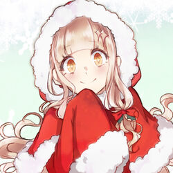  +_+ absurdres blonde_hair closed_mouth commentary_request female hair_between_eyes hair_ornament hair_ribbon highres long_hair long_sleeves looking_at_viewer red_hood red_riding_hood_(sinoalice) ribbon rico_tta santa_costume sinoalice smile solo star_(symbol) star_hair_ornament wavy_hair yellow_eyes 