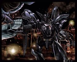  assault_visor av-98_ingram black_border border clenched_hand commentary_request damaged dated fighting highres kidou_keisatsu_patlabor mecha night night_sky no_humans ohtagaki_yasuo open_hand radio_antenna red_visor robot science_fiction sky solo_focus type_j-9_griffon 