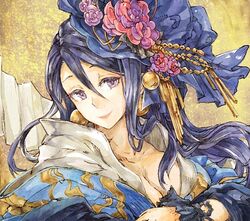  blue_hair breasts cleavage closed_mouth earrings female flower hair_flower hair_ornament headdress japanese_clothes jewelry kaguya_(sinoalice) kimono large_breasts lipstick long_hair looking_at_viewer makeup purple_eyes rose sidelocks sino_nb3 sinoalice smile solo 