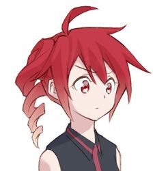  ahoge bare_shoulders black_shirt commentary drill_hair expressionless female kasane_teto light_frown looking_down medium_hair red_hair shirt simple_background sleeveless sleeveless_shirt solo tsurime upper_body utau v-shaped_eyebrows white_background yasutange 