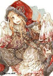  ascot bag blonde_hair blood blood_on_clothes cloak dress female fur_trim hair_ribbon handbag happy hood hood_up long_sleeves looking_at_viewer open_mouth orange_eyes red_riding_hood_(sinoalice) ribbon signature sino_nb3 sinoalice solo stuffed_animal stuffed_toy teddy_bear wavy_hair 