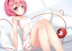  absurdres arm_support bare_shoulders black_hairband bloomers blush breasts collarbone commentary_request dress dutch_angle eyeball feet_out_of_frame female hair_between_eyes hairband highres indoors ke-ta_(style) komeiji_satori mantou_xiang pink_eyes pink_hair short_hair sitting small_breasts smile solo strap_slip third_eye touhou underwear white_dress 