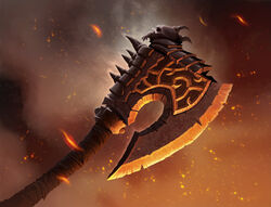  axe brown_background embers grey_background hearthstone no_humans skull spikes thorsten_erdt warcraft weapon 