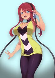  :d bare_arms black_choker black_pantyhose blue_eyes blush breasts choker cleavage commentary_request cosplay elesa_(pokemon) elesa_(pokemon)_(cosplay) eyelashes female hair_between_eyes hand_up headphones highres large_breasts momihige open_mouth pantyhose pokemon pokemon_bw red_hair short_hair_with_long_locks sidelocks skyla_(pokemon) sleeveless smile solo teeth tongue upper_teeth_only 