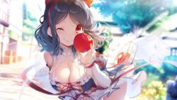  apple black_hair blurry blurry_background breasts cleavage day detached_sleeves duplicate female food fruit game_cg girls_book_maker girls_book_maker_~grimm_to_sannin_no_ohime-sama~ hairband holding holding_food kagome_(traumatize) large_breasts leaning_forward official_art one_eye_closed outdoors parted_bangs red_eyes shirayuki_(girls_book_maker) short_hair smile solo 