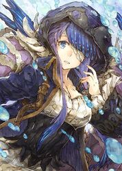  bandages blue_hair breasts bubble buckle cleavage covered_eyes dress eyepatch female fins hair_ornament hood hood_up jacket long_hair long_sleeves looking_at_viewer multicolored_hair ningyo_hime_(sinoalice) open_mouth purple_hair sad sidelocks sino_nb3 sinoalice solo twintails two-tone_hair wide_sleeves 