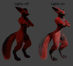  3d_(artwork) absurd_res amber_eyes ambiguous_gender anthro black_body black_fur crossed_arms danger_n00dle demon digital_media_(artwork) english_text fluffy fluffy_tail fur glowing glowing_body glowing_eyes glowing_fur glowing_markings hi_res humanoid markings mischievous_smile n00dle racf92 red_body red_fur rendered rexouium smile solo tail text tulpa yellow_eyes 