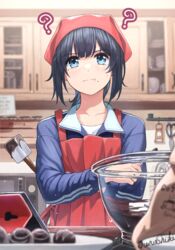  ? apron black_hair blue_eyes bowl chocolate chocolate_making crossed_arms female glass_bowl head_scarf highres jacket junshiki kitchen medium_hair mixing_bowl mole mole_under_eye original red_apron red_headwear shirt solo spatula spoon sweatdrop tablet_pc tasting track_jacket track_suit twitter_username valentine white_shirt 