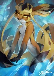  2022 absurd_res anthro breasts canid canine digital_media_(artwork) eeveelution featureless_breasts female fox generation_4_pokemon glaceon hair hi_res hybrid juliathedragoncat looking_at_viewer mammal nintendo nude pokemon pokemon_(species) reyna_(reynafox) smile solo yellow_eyes 