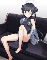  absurdres bare_legs barefoot black_gloves black_hair blue_archive blue_eyes breasts butterfly_hair_ornament china_dress chinese_clothes commentary_request couch double_bun dragon_print dress feet female gloves gradient_background grey_background grey_jacket hair_bun hair_ornament halo highres jacket kisaki_(blue_archive) legs long_hair looking_at_viewer okamen on_couch print_dress sitting sleeveless sleeveless_dress small_breasts solo striped_clothes striped_jacket toes twintails vertical-striped_clothes vertical-striped_jacket 