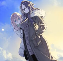  2girls blue_eyes breath brown_coat closed_mouth cloud cloudy_sky coat cold commentary_request copyright_name cowboy_shot day dutch_angle fur-trimmed_coat fur_trim glasses green_scarf hair_between_eyes hand_in_pocket highres hood hooded_coat kagamihara_nadeshiko kagamihara_sakura long_hair looking_at_viewer multiple_girls outdoors pink_hair purple_eyes purple_hair ribbed_sweater scarf senmu_(senmudayo) siblings sisters sky smile sweater turtleneck turtleneck_sweater white_coat yurucamp 