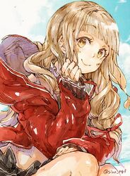  bikini blonde_hair blunt_bangs closed_mouth cloud female goggles goggles_around_neck hair_ribbon jacket long_hair looking_at_viewer orange_eyes red_riding_hood_(sinoalice) ribbon signature sino_nb3 sinoalice sky smile solo summer swimsuit wavy_hair 