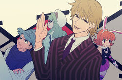  2boys 2girls animal_ears animal_print black_eyes blonde_hair brown_eyes cheadle_yorkshire closed_mouth collared_shirt commentary_request facial_hair formal frown ging_freecss glasses green_hair hand_up hat highres hunter_x_hunter jacket long_hair looking_at_viewer multiple_boys multiple_girls necktie official_style orange_hair pariston_hill parted_lips pittan_(piitapitapita) piyon_(hunter_x_hunter) pleated_skirt purple_necktie purple_skirt rabbit_ears rabbit_girl rabbit_print shirt short_hair skirt smile solo_focus striped_clothes striped_jacket striped_thighhighs suit teeth thighhighs upper_teeth_only vertical-striped_clothes vertical-striped_jacket waving white_shirt 