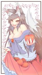  :d animal_ear_fluff animal_ears apple bare_shoulders blush breasts brooch brown_eyes brown_hair cleavage collarbone commentary_request cowboy_shot cube85 eyelashes female fingernails food fruit highres holding holding_food holding_fruit imaizumi_kagerou jewelry large_breasts long_hair long_sleeves looking_at_viewer oerba_yun_fang off-shoulder_shirt off_shoulder open_mouth outside_border petticoat red_skirt sharp_fingernails shirt skirt skirt_basket skirt_hold smile solo swept_bangs tail touhou white_background white_shirt wolf_ears wolf_tail 