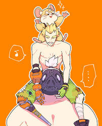  ... 2boys animal arm_up bandaged_leg bandages black_footwear blonde_hair boots brown_eyes buck_teeth carrying closed_eyes collarbone commentary_request covered_face fingerless_gloves forehead forked_eyebrows gas_mask gloves green_gloves green_shorts grey_hair grin hair_tie hammond_(overwatch) hamster hand_up happy highres jaggy_lines junkrat_(overwatch) kureson_(hayama_baa) male_focus mask mechanical_hands multiple_boys musical_note nipples open_mouth orange_background outline outstretched_arm overwatch overwatch_1 partial_commentary patch pectorals peg_leg piggyback roadhog_(overwatch) short_hair shorts simple_background single_mechanical_hand smile sparkle speech_bubble spoken_ellipsis spoken_musical_note teeth thick_eyebrows topknot topless_male torn_clothes torn_shorts v-shaped_eyebrows white_outline 