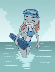  anthro closed_eyes clothing cloud color_edit colored darkbunny666 disney eyewear female fur goggles grey_body grey_fur hi_res holding_object judy_hopps lagomorph leporid mammal midriff open_mouth open_smile outside rabbit sea shoxxe sky smile solo swimwear third-party_edit water zootopia 