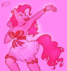  2021 anthro blue_eyes bow_ribbon breasts cleavage clothed clothing digital_drawing_(artwork) digital_media_(artwork) dress dressuptober equid equine female fist friendship_is_magic fully_clothed hasbro hi_res horse junkedart mammal monochrome my_little_pony open_mouth pinkie_pie_(mlp) pony portrait smile solo three-quarter_portrait 