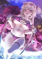  akai_haato ass_visible_through_thighs ayagi_daifuku beach_umbrella bikini blonde_hair blue_eyes blush breasts eyewear_on_head female fisheye full-face_blush hair_ornament handrail heart heart_hair_ornament highres hololive large_breasts long_hair looking_at_viewer navel night night_sky one_side_up outdoors palm_tree pool pool_ladder poolside red_bikini side-tie_bikini_bottom sky soaking_feet solo star_(sky) starry_sky sunglasses sweat swimsuit thigh_strap tree umbrella untied_bikini very_long_hair virtual_youtuber water wet 