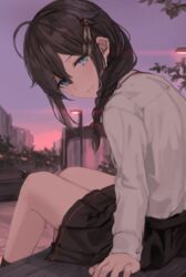  ahoge bare_legs bench black_skirt blue_eyes bow braid brown_hair city closed_mouth collared_shirt commentary_request eyes_visible_through_hair female from_behind hair_flaps hair_ornament hair_over_shoulder hairbow kantai_collection lamppost light_smile long_hair long_sleeves looking_at_viewer looking_back outdoors pleated_skirt sha_(isago) shigure_(kancolle) shigure_kai_ni_(kancolle) shirt sitting skirt socks solo white_shirt 