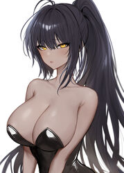  absurdres bad_id bad_pixiv_id bare_shoulders black_hair black_leotard blue_archive breasts cleavage collarbone commentary dark-skinned_female dark_skin duplicate female highres karin_(blue_archive) karin_(bunny)_(blue_archive) leotard long_hair official_alternate_costume pixel-perfect_duplicate playboy_bunny raku_(clearpage) solo strapless strapless_leotard very_long_hair yellow_eyes 