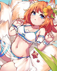  animal_ears arm_up bare_shoulders bikini blue_eyes blue_ribbon breasts cleavage collarbone cymlim eight-tailed_fox_nari female fox_ears fox_girl fox_tail frilled_bikini frills guardian_tales hair_ornament highres korean_commentary looking_at_viewer official_alternate_costume open_mouth orange_hair ribbon stomach swimsuit tail 