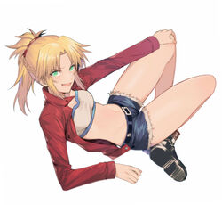  absurdres arm_support bandeau blonde_hair boots breasts commentary denim denim_shorts fate/apocrypha fate_(series) female green_eyes groin hand_on_own_knee highres jacket long_hair looking_at_viewer mordred_(fate) mordred_(fate/apocrypha) mordred_(memories_at_trifas)_(fate) navel ponytail reclining red_jacket red_scrunchie scrunchie shorts small_breasts smile solo white_background yorukun 