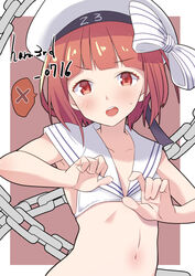  bikini blush brown_eyes clothes_writing collarbone female hat kantai_collection navel open_mouth red_hair sailor_bikini sailor_collar sailor_hat sanninme_no_haru short_hair solo swimsuit upper_body white_bikini white_hat white_sailor_collar z3_max_schultz_(kancolle) z3_max_schultz_(swimsuit_mode)_(kancolle) 