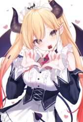  apron black_horns blonde_hair blush bow bowtie breasts candy center_frills chocolate cleavage corset demon_girl demon_horns demon_tail demon_wings detached_sleeves female food frills gradient_hair green_eyes hair_between_eyes heart heart-shaped_chocolate heart-shaped_pupils heart_hands highres hololive horn_ornament horn_ring horns kanae_(inorin05kanae) lolita_fashion long_hair looking_at_viewer maid_headdress makeup medium_breasts mouth_hold multicolored_hair official_alternate_costume official_alternate_hairstyle pink_hair pointy_ears red_bow red_bowtie see-through see-through_cleavage solo swept_bangs symbol-shaped_pupils tail twintails underbust virtual_youtuber waist_apron white_apron wings yuzuki_choco yuzuki_choco_(maid) 