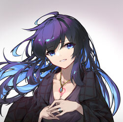  black_jacket blue_eyes blue_hair blue_shirt breasts chest_tattoo cleavage colored_inner_hair commentary_request female gradient_background highres honkai_(series) honkai_impact_3rd jacket jacket_on_shoulders jewelry large_breasts linxi looking_at_viewer multicolored_hair necklace ring seele_vollerei shirt simple_background smile solo tattoo upper_body 