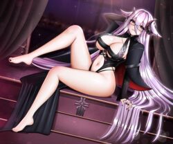  absurdres azur_lane barefoot black_horns black_nails breasts brown_curtains cleavage clothing_cutout commentary curled_horns curtains female forward_facing_horns friedrich_carl_(azur_lane) full_body gem hand_in_own_hair highres horns huge_breasts indoors iron_blood_(emblem) itacho_(itasha_draws) long_hair looking_at_viewer nail_polish navel purple_eyes purple_gemstone purple_hair rectangular_eyewear semi-rimless_eyewear sitting solo stomach_cutout toenail_polish toenails very_long_hair 