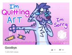  anthro apology april_fools&#039;_day blue_body blue_fur blue_hair bodily_fluids canid canine crying drop dropping fox fur hair hi_res holidays humor luckfoxo33 mammal meme parody pencil quit quitting sad shitpost silly silly_face sorry tears text tolng youtube youtube_thumbnail 