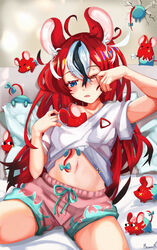  absurdres ahoge alternate_costume animal animal_ears animal_in_clothes black_hair blue_eyes female hakos_baelz highres hololive hololive_english long_hair miku_(mikururun) mouse_(animal) mouse_ears mouse_girl mouse_tail mr._squeaks_(hakos_baelz) multicolored_hair navel one_eye_closed pink_shorts red_hair shirt shorts solo streaked_hair tail virtual_youtuber waking_up white_hair white_shirt 