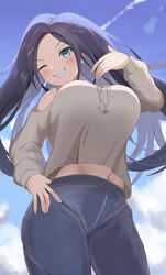  black_hair blue_eyes blue_pants blue_sky blush breasts colored_inner_hair female grey_shirt hand_on_own_hip highres isolatte kson large_breasts long_hair looking_at_viewer multicolored_hair navel one_eye_closed pants shirt sky smile virtual_youtuber vshojo 