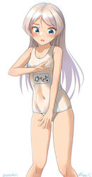  alternate_costume blue_eyes breasts covered_navel dated feet_out_of_frame female grey_hair javelin_(kancolle) kantai_collection long_hair looking_down loose_hair_strand name_connection one-piece_swimsuit parted_bangs ray.s school_swimsuit see-through_one-piece_swimsuit simple_background small_breasts solo standing swimsuit twitter_username white_background white_one-piece_swimsuit 