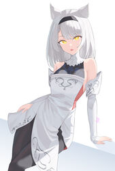  animal_ears armpit_crease bare_shoulders black_hairband black_pantyhose cat_ears cat_girl commentary detached_sleeves dress english_commentary female grey_hair hairband highres looking_at_viewer medium_hair mio_(xenoblade) open_mouth pantyhose prototype_design revvie simple_background sitting sleeveless sleeveless_dress solo white_background white_sleeves xenoblade_chronicles_(series) xenoblade_chronicles_3 yellow_eyes 