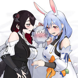  1other 2girls animal_ear_fluff animal_ears black_hair blue_hair blush braid breasts colored_inner_hair commentary dasdokter demon_horns english_commentary highres hololive hololive_english horns huge_breasts large_breasts long_hair mamarissa mature_female mole mole_under_eye multicolored_hair multiple_girls pekomama rabbit_ears rabbit_girl red_eyes smile two-tone_hair viewer_self-insert virtual_youtuber white_hair 