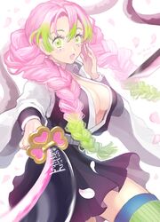  black_skirt blush braid breasts cleavage dated eyelashes female fon-due_(fonfon) foreshortening green_eyes green_hair haori japanese_clothes kanroji_mitsuri kimetsu_no_yaiba large_breasts long_hair looking_at_viewer multicolored_hair open_mouth pink_hair skirt solo sword_writing thighhighs twin_braids two-tone_hair white_background 