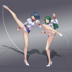  2girls absurdres adjutant_(agent_aika) agent_aika aika_(series) ascot ass bare_legs black_ascot black_skirt blue_hair blush breasts brown_eyes buttons cameltoe closed_mouth commentary_request commission couple crotch_seam delmo_commander delmogeny_uniform full_body green_hair haimei1980 high_heels high_kick highres indoors jacket juliet_sleeves kicking large_breasts legs lipstick long_hair long_sleeves makeup microskirt military_uniform multiple_girls open_mouth panties pixiv_commission profile puffy_sleeves short_hair skirt standing standing_on_one_leg thighs tile_floor tiles underwear uniform white_delmo white_footwear white_jacket white_panties 