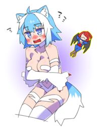  2girls ? ahoge animal_ears animal_hands black_wings blue_eyes blue_hair blush boots breasts brown_footwear cannsk cat_paws choker collarbone commentary_request cosplay cropped_legs demitri_maximoff demitri_maximoff_(cosplay) dog_ears dog_girl dog_tail embarrassed faceless faceless_female felicia_(vampire) felicia_(vampire)_(cosplay) glasses indie_virtual_youtuber large_breasts multicolored_hair multiple_girls red_hair revealing_clothes tail tsuraragi_toa two-tone_hair vampire_(game) virtual_youtuber white_choker white_hair wings yokota_mary 