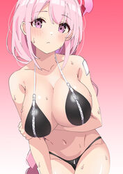  arm_under_breasts bikini black_bikini blonde_hair blue_archive blush breast_zipper breasts cleavage closed_mouth cowboy_shot eimi_(blue_archive) female gradient_background halo highres large_breasts long_hair looking_at_viewer navel oinari_(koheihei1109) pink_eyes pink_hair red_background solo sweat swimsuit very_long_hair zipper 