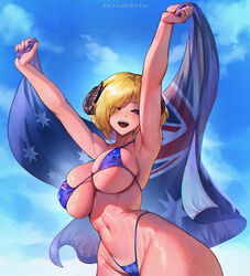  australian_flag australian_flag_bikini bikini black_sclera blonde_hair blue_bikini breasts cameltoe colored_sclera commission covered_nipples female freckles highres horns huge_breasts open_mouth original purple_eyes sayanestia short_hair sky solo swimsuit thick_thighs thighs 