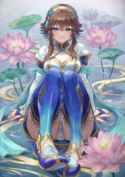  absurdres aqua_eyes arm_support breasts bridal_gauntlets brown_hair bush chai_xianghua cleavage closed_mouth commentary_request female fingernails flower full_body gold_trim hair_ornament hairband highres knees_up lips looking_at_viewer lotus mahos_san medium_breasts panties shoes short_hair short_sleeves sidelocks sitting solo soulcalibur thighhighs thighs toeless_footwear underwear water white_panties 