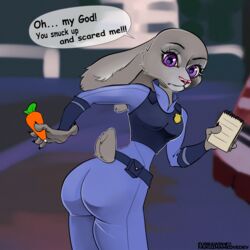  1:1 2024 anthro artist_name ass big_butt breasts carrot_pen clothed clothing dialogue disney european_rabbit female furrawin hi_res judy_hopps lagomorph leporid looking_at_viewer looking_back looking_back_at_viewer mammal note_pad oh_my_god oryctolagus pink_nose purple_eyes rabbit scut_tail short_tail solo speech_bubble tail text tight_clothing zootopia 