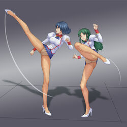  2girls absurdres adjutant_(agent_aika) agent_aika aika_(series) ascot ass black_ascot black_skirt blue_hair blush breasts brown_eyes buttons cameltoe closed_mouth commentary_request commission couple crotch_seam delmo_commander delmogeny_uniform full_body green_hair haimei1980 high_heels high_kick highres indoors jacket juliet_sleeves kicking large_breasts lipstick long_hair long_sleeves makeup microskirt military_uniform multiple_girls open_mouth panties panties_under_pantyhose pantyhose pixiv_commission profile puffy_sleeves short_hair skirt standing standing_on_one_leg thighs tile_floor tiles underwear uniform white_delmo white_footwear white_jacket white_panties 