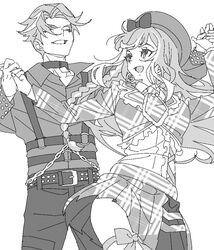  1boy :d bad_id bad_twitter_id beret bow braid chains chest_harness closed_eyes collar collared_shirt cowboy_shot cropped_jacket dancing facing_viewer female greyscale hands_up harness hat hat_bow hibino_matsuri hibino_matsuri_(primagista) holding_hands ibuki_touma ibuki_touma_(primagista) inactive_account long_hair long_sleeves looking_at_another looking_back monochrome multicolored_hair necktie open_mouth pants plaid plaid_skirt pleated_skirt pretty_series shirt short_hair side_braid simple_background skirt smile standing streaked_hair very_long_hair waccha_primagi! white_background zashima 