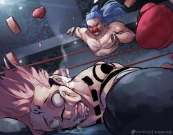  2boys arm_tattoo artist_name audience black_gloves blank_eyes blue_hair boxing boxing_gloves boxing_ring buggy_the_clown clown_nose commentary defeat dent devil_fruit_power disembodied_hand disembodied_torso drooling english_commentary facial_tattoo fighting funi_xd gloves highres itadori_yuuji jujutsu_kaisen light_particles long_hair lying multiple_boys no_tattoo on_floor on_stomach one_piece open_mouth patreon_username pectorals pink_hair ponytail possessed punched red_gloves red_lips red_nose ryoumen_sukuna_(jujutsu_kaisen) short_hair shoulder_tattoo tattoo teeth unconscious undercut 